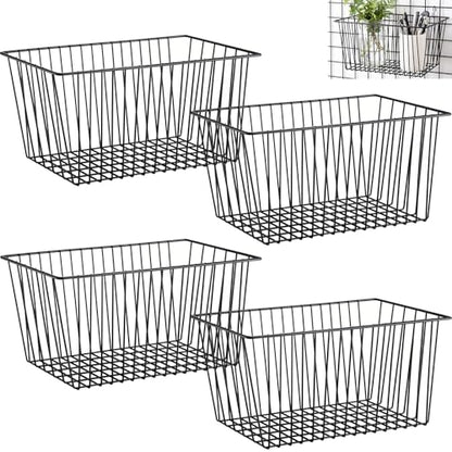4pcs Hanging Wire Basket Set with S Hooks, 10.8''x7.8''x5.6'' Grid Panel gridwall Storage Baskets for Kitchen, Home Decor, Potted Plants Display, Black Metal Gridwall Accessories