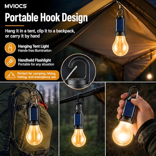 4 Pack Led Camping Lantern Solar Rechargeable,Outdoor Tent Lights for Camping Essentials, Hanging Light Bulbs with Clip Hook Camping Flashlight