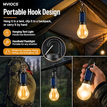 4 Pack Led Camping Lantern Solar Rechargeable,Outdoor Tent Lights for Camping Essentials, Hanging Light Bulbs with Clip Hook Camping Flashlight