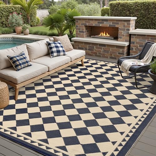 HUGEAR Outdoor Rug for Patios Clearance,Waterproof Mat,Large Outside Carpet,Reversible Plastic Straw Camping Rugs,Rv,Porch,Deck,Camper,Balcony,Backyard (8x10,Checkered/Black&Beige) - color: Checkered/Black&beige, size: 8' x 10' (Rectangular)