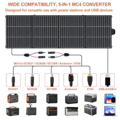 200W Portable Solar Panel Lightweight Design 25% Efficiency HPBC Solar Cell | 20V Foldable Charger, Compatible for Jackery/Ecoflow/Bluetti,with MC4,PD45W USB-C,IP65 for RV camping off-grid Power Blackout
