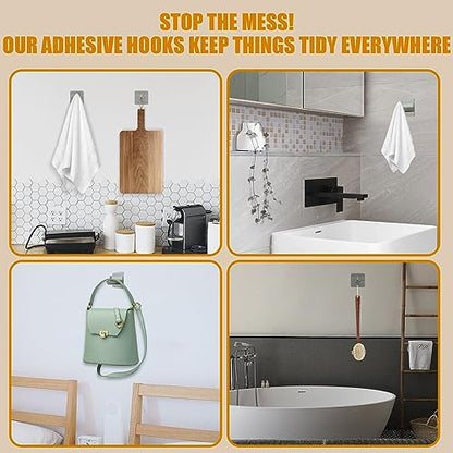 Honmein 6 Pcs Adhesive Wall Hooks for Hanging - Waterproof Shower Hooks, Heavy Duty Towel Hooks for Bathrooms, Kitchens, and Offices (Silver) - color: Silver
