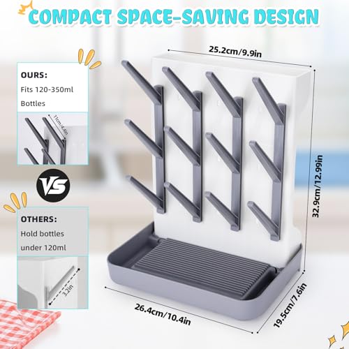 Baby Bottle Drying Rack: Space Saving Vertical Bottle Drying Holder with Brushes Holder - Large Bottle Storage Holder Organizer 12 Bottles & Baby Accessories,BPA-Free, Gray - color: Gray