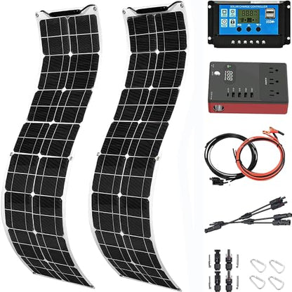 400 Watt Solar Panel Kit, 2 × 200 Watt Flexible Solar Power Panel Photovoltaic Module with 40A Solar Charge Controller & Inverter Monocrystalline Solar Panel for Camping Off Grid Battery Boat - color: 400 Watt Kit