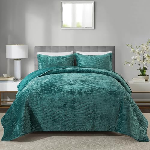 HoneiLife Queen Size Quilt Sets - Velvet Quilt for Queen Beds, Lightweight Bedspreads Solid Coverlets Queen Quilt Bedding Sets 3-Pieces, Blue-Green - color: Blue-green-velvet, size: Queen/Full-90"x96"