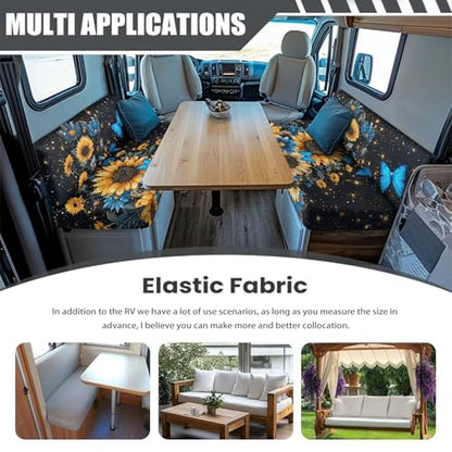 Butterrfly Sunflower Starry Night Pattern RV Dinette Cushion Covers Camper Sofa Cushion Cover Stretchable RV Dinette Seat Covers 2Pcs with Backrest & Bench Cover, 2 Sets - color: Butterrfly Sunflower Starry Night