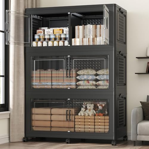 120Gal Stackable Storage Bins with Lid, 480Qt Extra Large Collapsible Storage Box with Wheels, Dividers, Folding Plastic Cabinet Closet Organizers for Home Kitchen Office Dorm, 3Pack Black - color: Black, size: 40Gal-3Pack