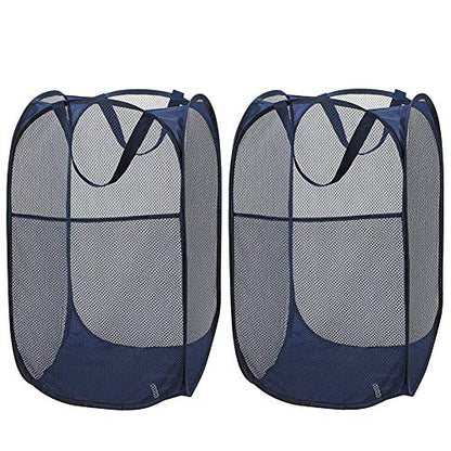 Larpur Popup Mesh Laundry Basket, Collapsible and Portable Clothes Washing Laundry Hamper with Reinforced Carry Handle (Blue*2) - color: 2*Blue