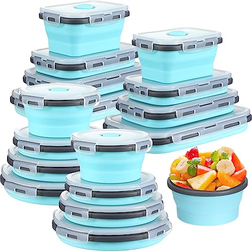 Yaomiao 16 Pack Collapsible Food Storage Containers with Lid Foldable 8 Pcs Rectangle Storage Bowl and 8 Pcs Round Silicone Food Bow for Lunch Camping Rv Accessories Microwave Freezer(Gray, Blue) - color: Gray, Blue
