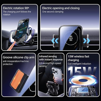 Wireless Car Charger Phone Holder, 15W Auto Clamping Car Phone Mount Charger with Gesture Control, 90 Degree Auto Rotation, Dual Vent and Dashboard Mount for iPhone and Android