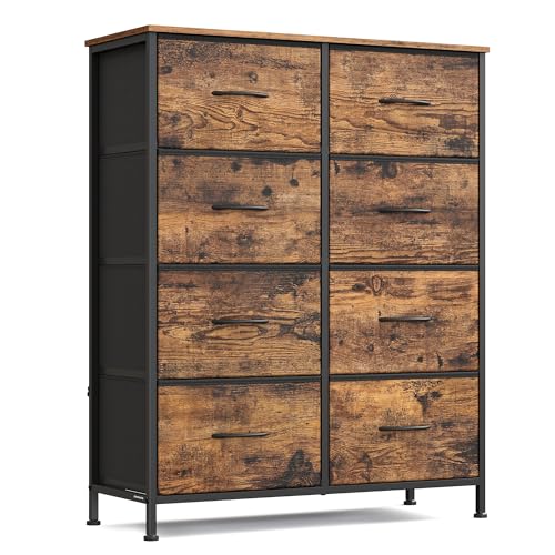 SONGMICS BELLAH Collection - Dresser for Bedroom, Chest of Drawers, Storage Organizer Unit, Closet, Entryway, Steel, 8 Drawers, Modern, Slate Gray ULGS124B02S - color: Rustic Brown + Ink Black, size: 8 cajones