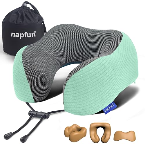napfun Neck Pillow for Traveling, Upgraded Travel Neck Pillow for Airplane 100% Pure Memory Foam Travel Pillow for Flight Headrest Sleep, Portable Plane Accessories, Turquoise - color: Turquoise
