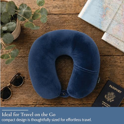 Brookstone Microbead Neck Pillow - Super Soft Cozy Lightweight Plush Travel Pillow with Phone or Headphone Pocket, Blue - color: Blue