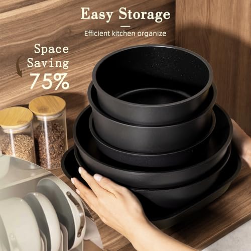 Astercook 23 Pcs Pots and Pans Set Non Stick, Ceramic Cookware Set Detachable Handle, RV Kitchen Cooking Set Removable Handles, Oven Safe, Induction Ready, Stackable, Black, Mothers Day Gifts - color: Black, size: 23 Piece