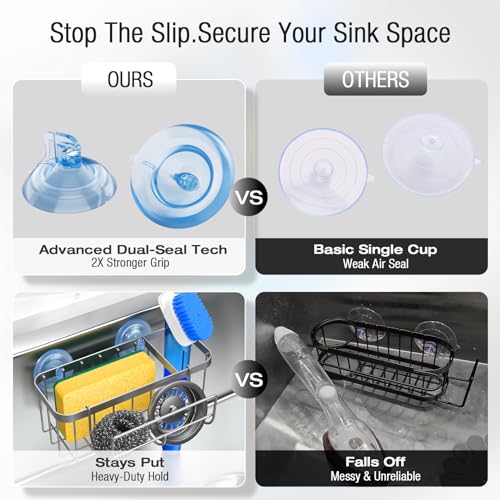 3-in-1 Kitchen Sink Caddy Organizer with Sponge Holder, Brush Holder, Extra Rack for Scrubber, Sink Stopper, Dish Cloth Hanger - Strong Dual Suction Cup, 2.0mm SUS304 Stainless Steel - Silver - color: Silver