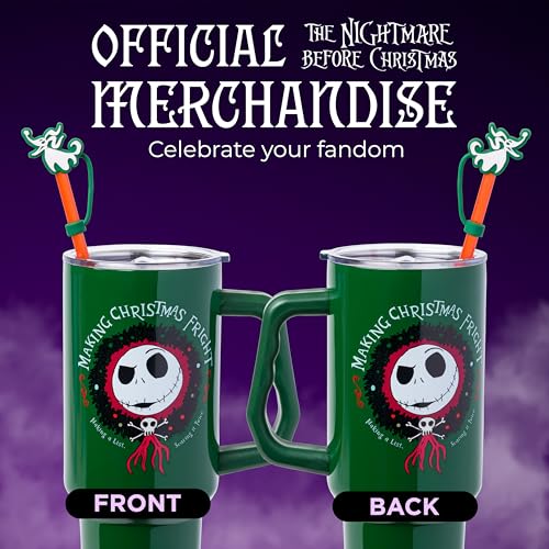 Silver Buffalo Disney Nightmare Before Christmas Making Xmas Fright Jack Skellington & Zero Double Walled Stainless Steel Tumbler w Handle, Straw, and Straw Cap, Fits in Standard Cup Holder, 40 Ounces - color: Nightmare Before Christmas Making Xmas Fright
