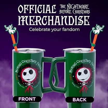 Silver Buffalo Disney Nightmare Before Christmas Making Xmas Fright Jack Skellington & Zero Double Walled Stainless Steel Tumbler w Handle, Straw, and Straw Cap, Fits in Standard Cup Holder, 40 Ounces - color: Nightmare Before Christmas Making Xmas Fright