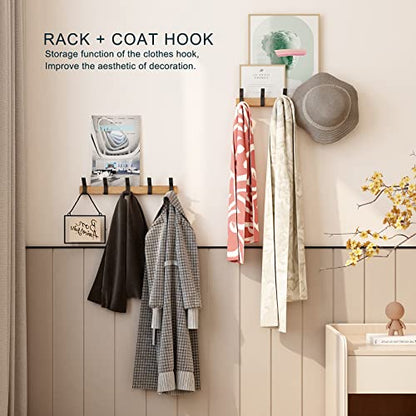 Coat Hook Rail Wall Mounted Coat Rack-5 Double Hook, 15 Inch Aluminum,Metal for Coat Hat Towel Robes, Wooden (Black 1PCS)