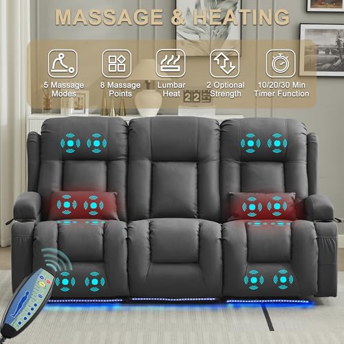URRED Power Loveseat Recliner Sofa with Massage and Heat, Wall Hugger Reclining Loveseat with Console, RV Couch Home Theater Seating with LED Lights for Living Room (Gray, 76.8" - 3 Seats) - color: Grey, size: 76.8" - 3 Seats