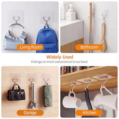 48 Pack Heavy Duty Adhesive Wall Hooks for Hanging - 33lb Max, Transparent Waterproof Rustproof Self Adhesive Hooks for Bathroom, Shower, Kitchen, Outdoor and Home - size: 02-Clear-48Pack