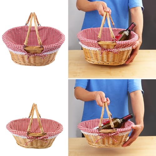 GNIEMCKIN 2 Pack 14 & 12.6 Inch Wicker Basket with Handle, Wicker Picnic Baskets with Checkered Liner, Oval Willow Woven Basket for Fruit, Wine, Wedding, Picnic - size: 2 Pack 14 & 12.6 Inch