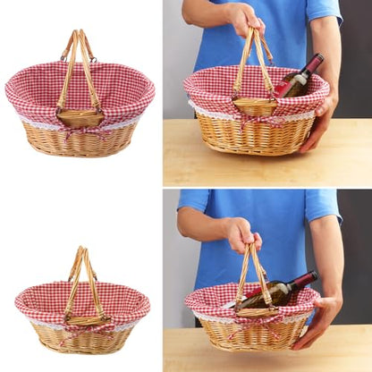 GNIEMCKIN 2 Pack 14 & 12.6 Inch Wicker Basket with Handle, Wicker Picnic Baskets with Checkered Liner, Oval Willow Woven Basket for Fruit, Wine, Wedding, Picnic - size: 2 Pack 14 & 12.6 Inch