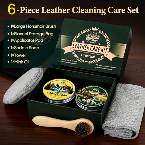 Leather Boot Care Kit - Mink Oil,Saddle Soap,Horsehair Brushes,Applicator & Microfiber Cloth,Flannel bag,Leather Shoe Care Kit for Cowboy Boots Work Boots, Shoes, and Tack