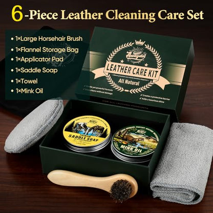 Leather Boot Care Kit - Mink Oil,Saddle Soap,Horsehair Brushes,Applicator & Microfiber Cloth,Flannel bag,Leather Shoe Care Kit for Cowboy Boots Work Boots, Shoes, and Tack