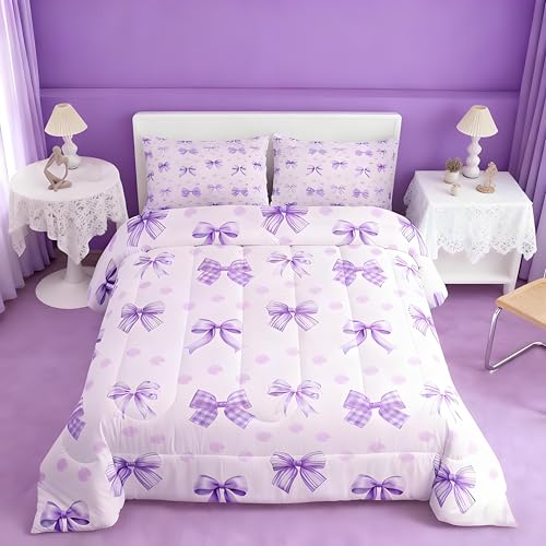 Feelyou Girls Purple Bow Bedding Set Queen Size Girly Cute Dot Bowknot Comforter for Girls Princess Bow-tie Comforter Set Soft Microfiber - color: Watercolor Purple and White, size: Queen