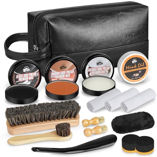 Shoe Shine Kit for Men & Women, 16Pcs Black Shoe Polish Kit for Leather Boots Care, Mens Gifts Ideas