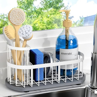 Sponge Holder for Kitchen Sink with High Brush Holder, [Stay-Dry Anywhere & No Drainage Needed] Rustproof Stainless Steel Kitchen Sink Caddy Organizer with Water Absorbing Stone Tray, White - color: White