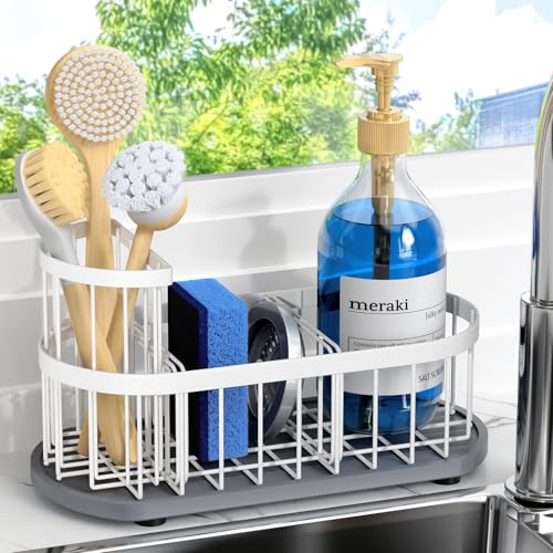 Sponge Holder for Kitchen Sink with High Brush Holder, [Stay-Dry Anywhere & No Drainage Needed] Rustproof Stainless Steel Kitchen Sink Caddy Organizer with Water Absorbing Stone Tray, White - color: White