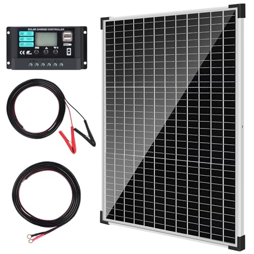 TBER 50W/12V Solar Panel Kit with 10A Charge Controller, Monocrystalline Solar Battery Trickle Charger Maintainer for Automotive Motorcycle Boat Marine RV Camping RV Farm Other Off-Grid Applications - size: 50W