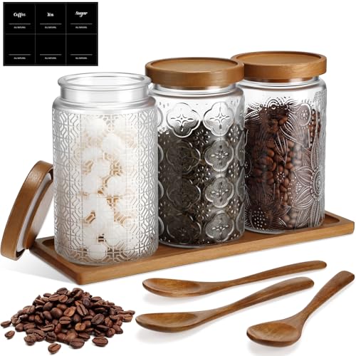 3 Pack 34 oz Glass Coffee Container with Wooden Tray Lid Spoon Labels Clear Airtight Glass Jar Food Storage Kitchen Canisters Set Decorative Coffee Bar Containers for Sugar Candy Tea Flour - size: 34 oz