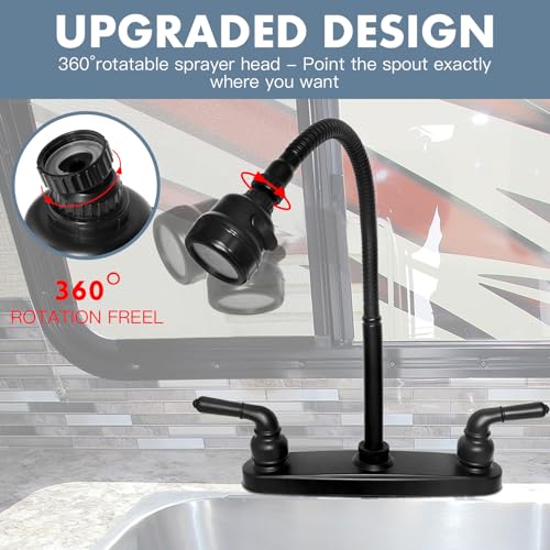 RV Kitchen Faucet,Camper RV Kitchen Sink Faucet Replacement with 2 Handles Flexible Spout 360 Swivel Rotatable Tri-Function Sprayer for Motorhomes,Travel Trailers,8 inch 2 Hole,Non-Metallic,Black - color: Black