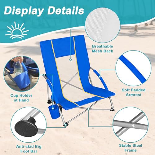 Romswi 2 Pack Lightweight Low Beach Chairs with Breathable Mesh Back, 6LBS Folding Portable Sand Chairs with Cup Holder, Heavy Duty 300lbs Capacity for Camping & Outdoor Use, Blue - color: Blue - Low Back