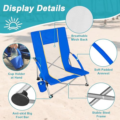 Romswi 2 Pack Lightweight Low Beach Chairs with Breathable Mesh Back, 6LBS Folding Portable Sand Chairs with Cup Holder, Heavy Duty 300lbs Capacity for Camping & Outdoor Use, Blue - color: Blue - Low Back