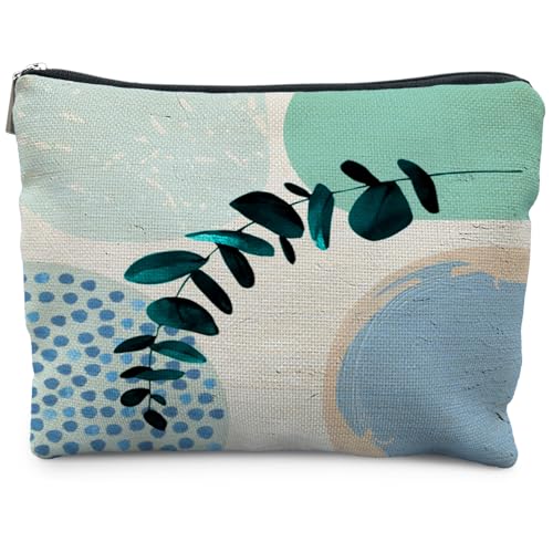 Abstract Boho Blue and Green Makeup Bag, Trendy Botanical Cosmetic Bags for Women, Boho Gifts for Women, Eucalyptus Leaf Botanical Zipper Makeup Pouch - color: Leaf - 1