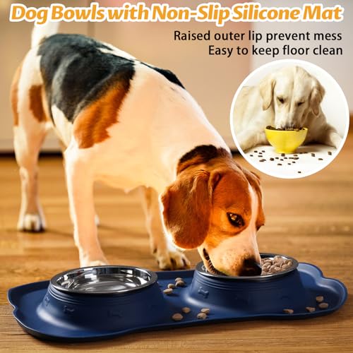 Hubulk Pet Dog Bowls 2 Stainless Steel Dog Bowl with No Spill Non-Skid Silicone Mat + Pet Food Scoop Water and Food Feeder Bowls for Feeding Small Medium Large Dogs Cats Puppies (Small, Navy Blue) - color: Navy Blue, size: Small