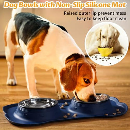 Hubulk Pet Dog Bowls 2 Stainless Steel Dog Bowl with No Spill Non-Skid Silicone Mat + Pet Food Scoop Water and Food Feeder Bowls for Feeding Small Medium Large Dogs Cats Puppies (Medium, Navy Blue) - color: Navy Blue, size: Medium