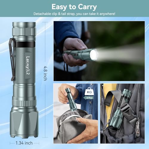 LETMY Rechargeable Flashlights High Lumens, 2 Pack 2000 Lumens Bright LED Tactical Flashlight, 3 Modes Samll Powerful Flash Lights with Clip, Waterproof Flashlights for Home Emergency Camping (Grey) - color: Gray