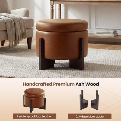 Faux Leather Round Ottoman, 22 Inch Storage Ottoman,PU Leather Ottoman,Multi-Functional Footrest for Living Room & Bedroom,Apartments (Light Brown, Round) - color: Light Brown