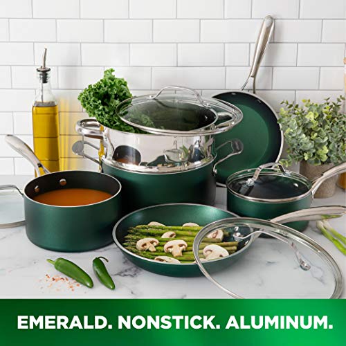 Granitestone Diamond Granite Stone Classic Emerald Pots and Pans Set with Ultra Nonstick Durable Mineral & Diamond Tripple Coated Surface, Stainless Steel Stay Cool Handles, 10 Piece Cookware, Green… - color: Emerald Green