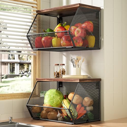 Stackable Fruit Basket for Kitchen Countertop Space Saving, Wall Mounted Mesh Metal Wire Baskets with Wood Lid Extra Storage, 2 Pack Kitchen Counter Organizer for Snack, Onion and Potato Storage - color: Black, size: 2 x Large