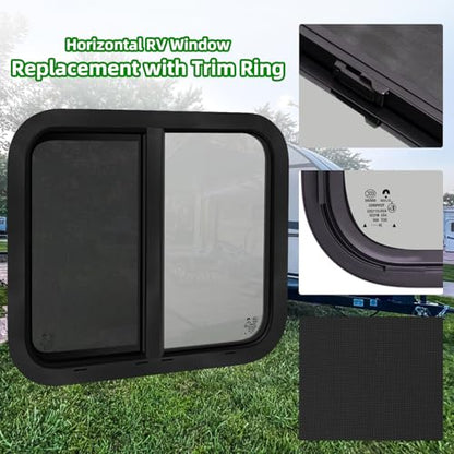 Cargo Trailer Windows,24" W x 20" H RV Windows for Cargo Trailer/Camper/Travel Trailer with Trim Ring,Horizontal Sliding Replacement Fit 15/16" or 1-3/8" Thick Wall,Allow Error 1/16”,DOT Approved - size: 24"W x 20"H