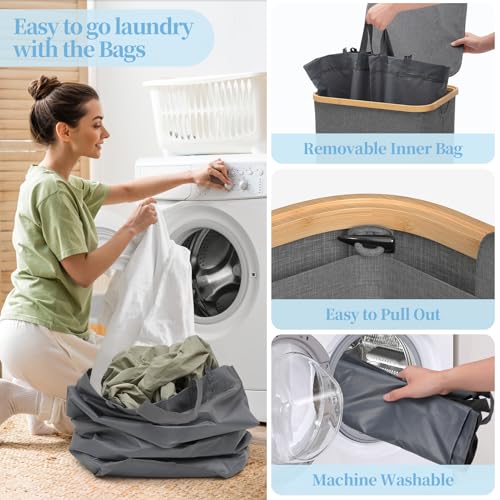 Yecaye 100L Large Capacity Laundry Hamper – Foldable Rolling Laundry Basket, Mobile Clothes Hamper with Wheels, Removable Inner Bag, Bamboo Handle Lid Laundry Bin – Multi-Use Storage,Grey