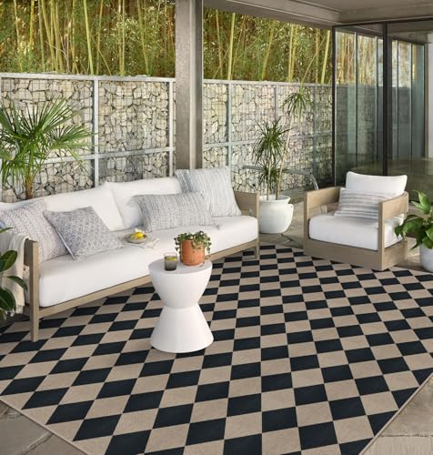 Rugalia Easy Jute Black Checkered 8x10 Area Rug, Washable Modern Outdoor Rug for Patio Non-Slip Diamond Rugs for Living Room, Neutral Farmhouse Floor Carpet for Bedroom Dining Room Classroom - color: Black Checkered, size: 8' x 10' (Rectangular)