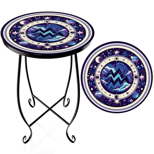 15 Inch Tall Patio Side Table, Small Patio Table for Outdoor Deck Porch Poolside, Ocean Wave Metal End Table, Rust Resistant Garden Stool Matches Mosaic Outdoor Side Table Decor - color: Aquarius
