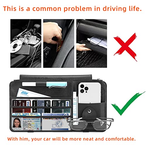 Leather Car Sun Visor Organizer for Cars, Trucks & SUVs: Features Sunglasses Holder, Secure Zipper Pockets, and 6 Clear Windows for Registration, Driver's License, and Insurance Card（black）