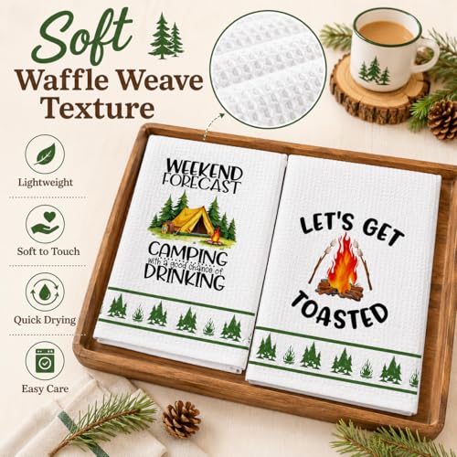 DETIHO 2 Pieces Camping Kitchen Towels, Happy Camper Dish Kitchen Towel - color: Multicolor
